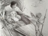 drawing of a man and a child in a boat on a lake