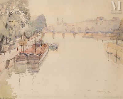 une aquarelle représentant une rivière sur laquelle naviguent des bateaux