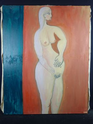 an image of a painting of a nude woman on a red and blue background