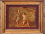 un vieux tableau représentant un homme et une femme assis sur un rocher