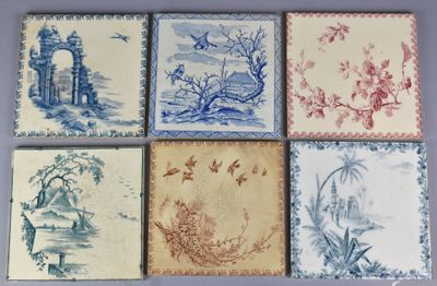 GIEN - Lot de 6 CARREAUX décoratifs en faïence à décor sérig…