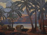 a painting of a group of people on a beach
