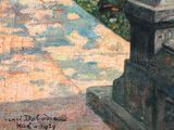 a painting of a man sitting on a bench in a park