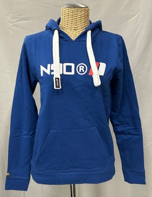 a women ' s blue hoodie with a white hoodie and a red, white, and blue logo