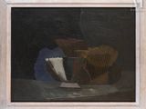 a picture of a painting of a still life with bread and a cup