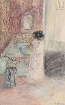 a painting of a woman sitting at a table in a room