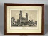 une vieille photo d'une photo d'un bâtiment avec une tour horloge