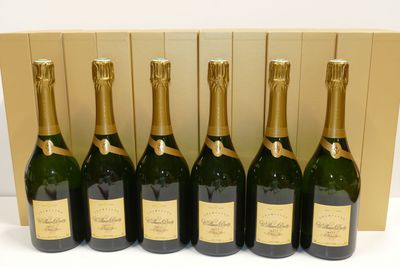 six bottles of champagne lined up in a row in front of a cardboard box