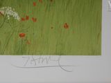a picture of a picture of a field with red flowers