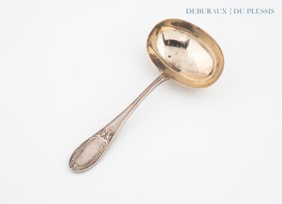 une cuillère en argent avec un manche de cuillère sur une surface blanche
