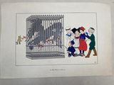 illustration of a bird in a cage being watched by a group of people