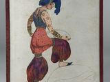 un tableau représentant une femme portant un chapeau bleu et un pantalon rouge