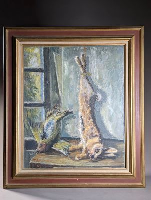 painting of a cat sitting on a table next to a bird