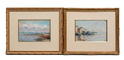 deux tableaux encadrés représentant des bateaux sur l'eau et un bateau au loin