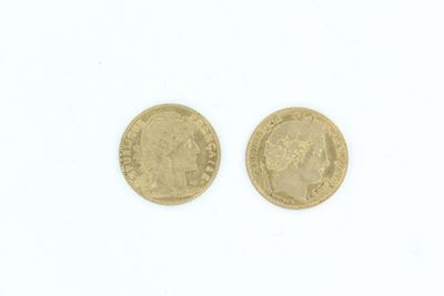 Deux pièces d'or sont représentées sur une surface blanche.