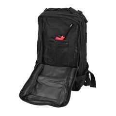 l'arrière d'un sac à dos noir contenant un stylo
