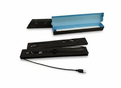 a black usb drive with a blue box on top of it