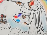 drawing of a man holding a paintbrush and painting a picture of a dog