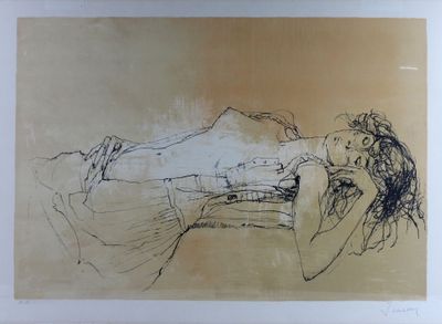 an image of a drawing of a woman laying on a bed