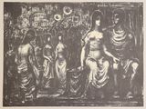 dessin en noir et blanc représentant un groupe de femmes dans une pièce