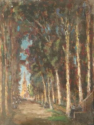 tableau représentant un homme à cheval sur un chemin de terre, au pied de grands arbres