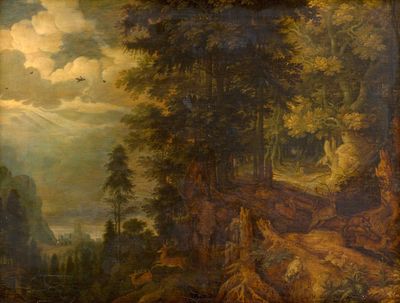 tableau représentant un paysage boisé avec, au premier plan, un homme et un chien