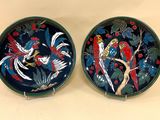 deux assiettes avec des oiseaux peints dessus, posées sur une table
