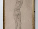 a drawing of a nude female standing in front of a white wall