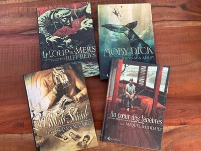 trois livres posés sur une table en bois, dont l'un représente un pirate et l'autre un pirate