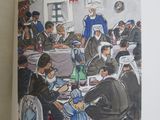 a book with a picture of a group of people sitting at a table