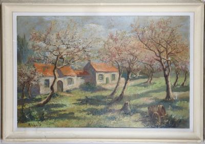 une image représentant un tableau d'une maison dans un champ bordé d'arbres