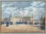 painting of a group of people standing in front of a building