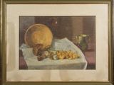 painting of a still life with a bowl of fruit and a bowl of nuts on a table