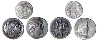 six ancient roman coins, one of which is a woman and one of which is a man