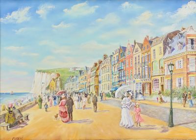 a painting of people walking down the street by the water