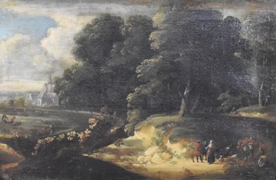 painting of a wooded landscape with figures and animals in the foreground