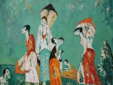 an image of a painting of a group of people with umbrellas