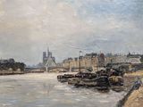 un tableau représentant une vue sur une rivière avec un pont en arrière-plan