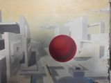 un tableau représentant une balle rouge au cœur d'une ville