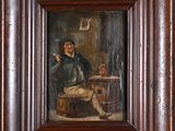 an old painting of a man sitting in a chair in a room