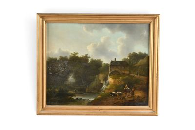 une peinture à l'huile représentant un paysage fluvial avec une maison au loin