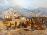 tableau représentant une scène de désert avec des chameaux et des personnages devant un bâtiment