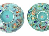 pair of chinese cloisons of blue and green decorated with birds and flowers