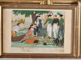 framed painting of a group of people in a park with a dog