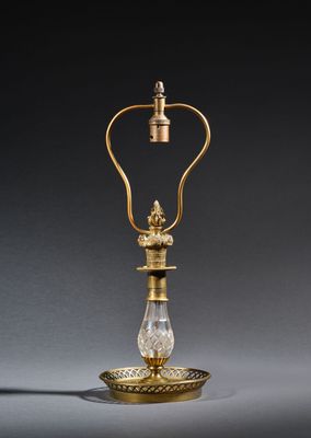 an antique brass and glass table lamp with a glass shade