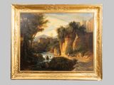 l'image d'un tableau représentant un paysage avec une rivière au premier plan