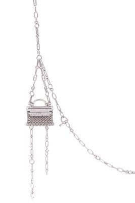 chain with a purse hanging from it on a white background