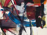 une peinture abstraite dans les tons de rouge, noir, blanc et bleu sur fond blanc