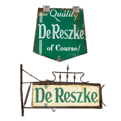 Deux enseignes publicitaires vintage à double face, métal et…