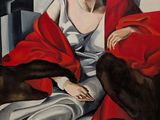 une peinture à l'huile représentant une femme assise sur une chaise, recouverte d'une couverture rouge